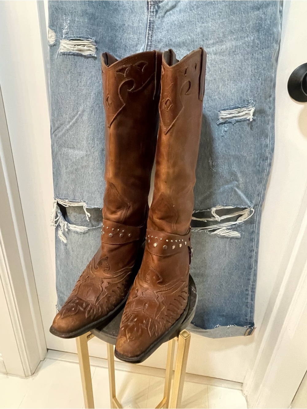 Mia Vintage Boots "Rockstar Thunderbird" Harness Boots, Brown Leather Size 8, Ra